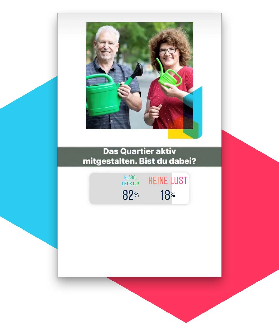 Umfrageergebnis „Das Quartier aktiv mitgestalten – sind Sie dabei?" – Ergebnis: 82% Klaro, let’s go / 18% keine Lust