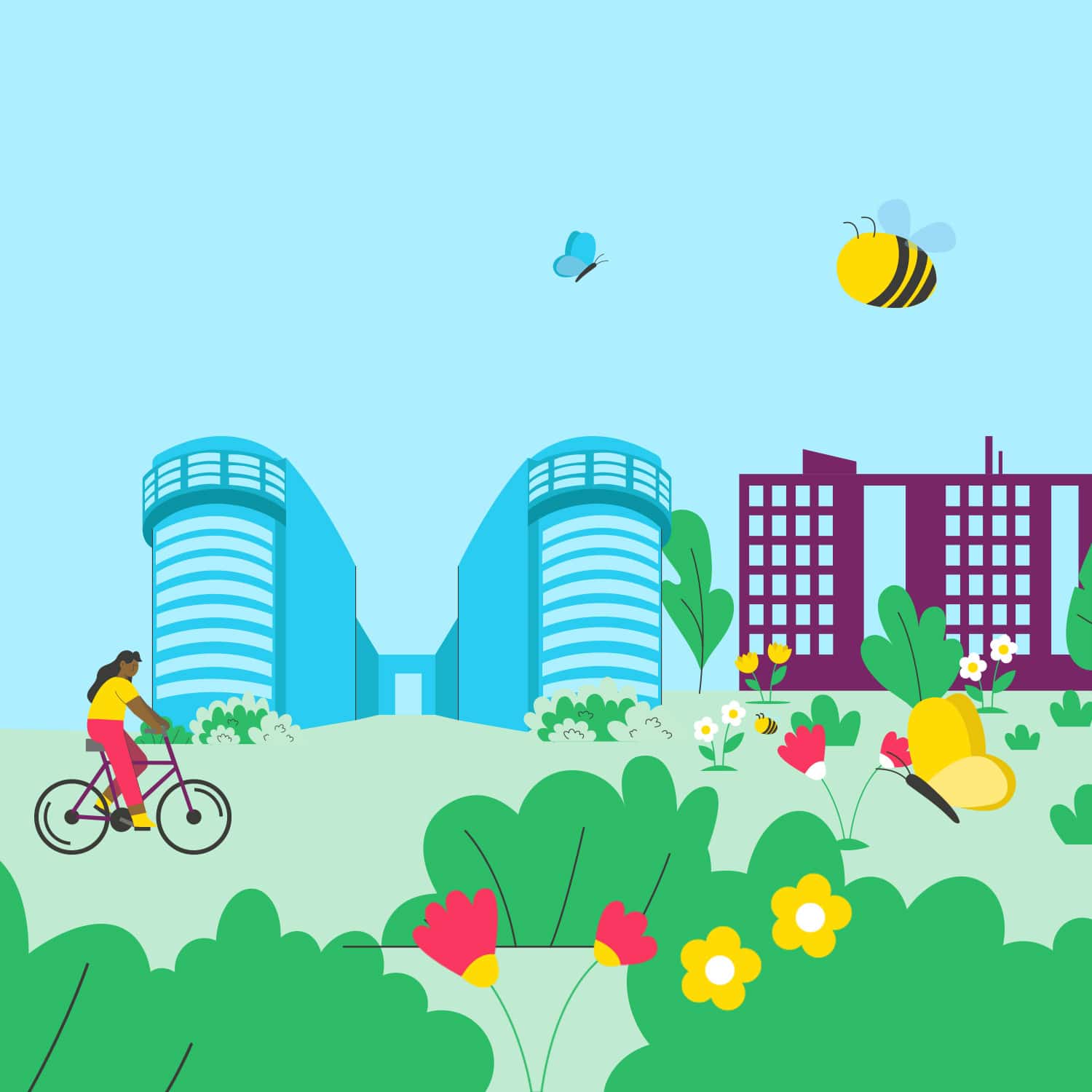 Illustration: Radfahrerin vor Berliner Wohnhäusern mit Blumenwiese, Schmetterling und Biene